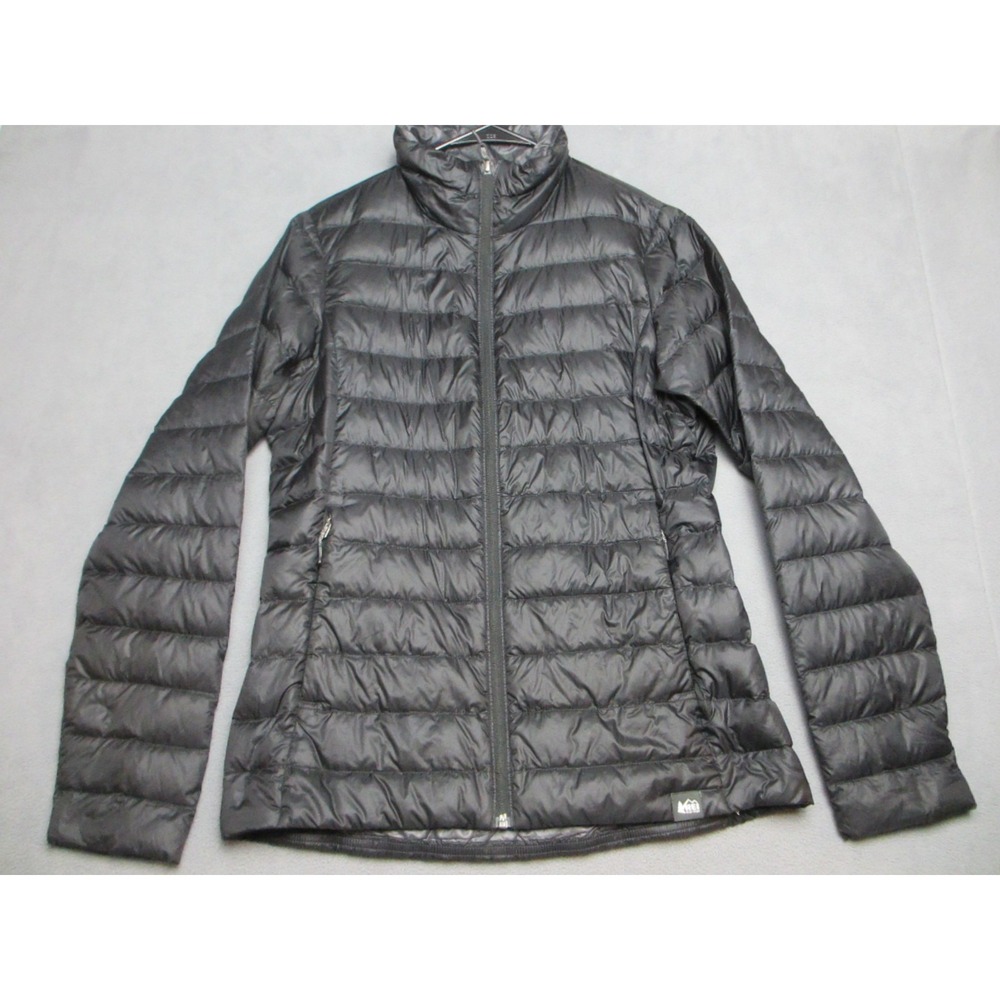 Rei Jacket Womens Medium Black Puffer Down Feathers Mock Neck Full Zip Outdoor